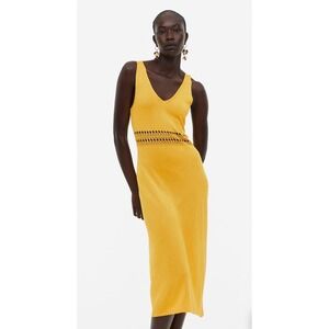 NWT HM Mustard Yellow Knit Midi Dress Crochet Waist XS